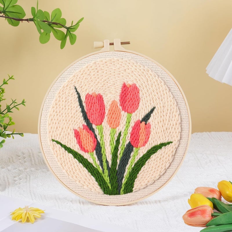 KESTAR Punch Needle Embroidery Starter Kits, Pink Tulip Flower Punch Needle Kits for Adults Beginner, Needle Punch Kit Tool with Instruction Threader Fabric Yarns and Hoop - Image 2